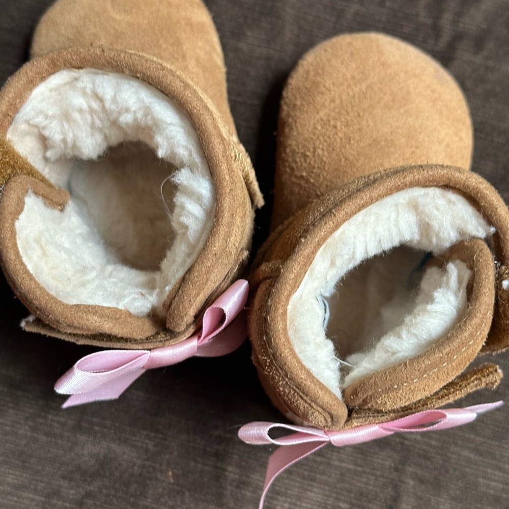 UGG Tan Baby Booties with Pink Accents